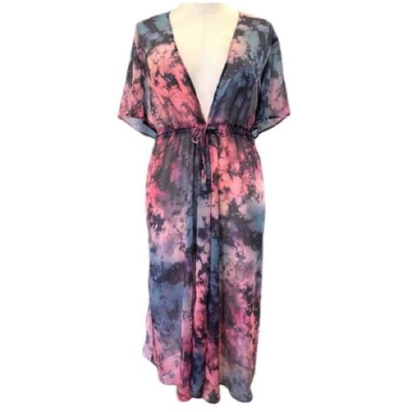 NEW Torrid Pink Teal Tie-Dye Chiffon Sheer Tie Front Kimono Duster 1X - Picture 6 of 7